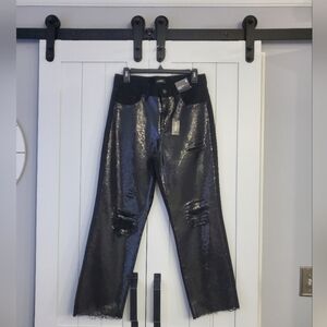 Express High Waisted Sequin Front Ripped Raw Hem Straight Ankle Jeans. NEW!